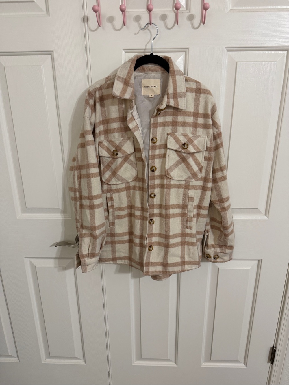 Thread & Supply S Light Pink Cream White Plaid Lined Shacket Shirt Jacket Pocket